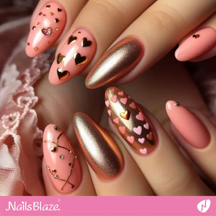 Embellished Peach Fuzz and Gold Nails with Hearts | Valentine Nails - NB2359
